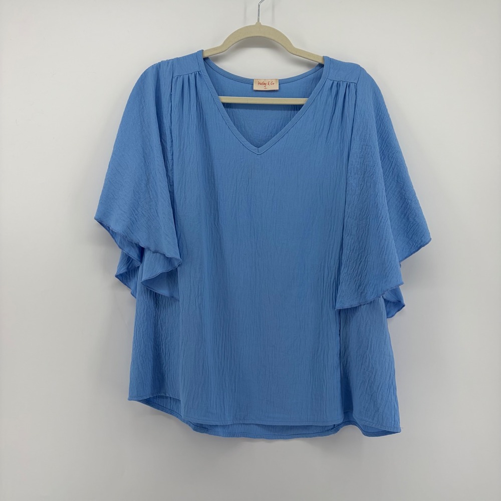 Hailey & Co Womens Large Blue Blouse Flutter Sleeve Textured V-Neck ST9958